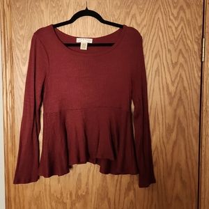 Cut and Paste long sleeved crop top in burgundy,  size medium